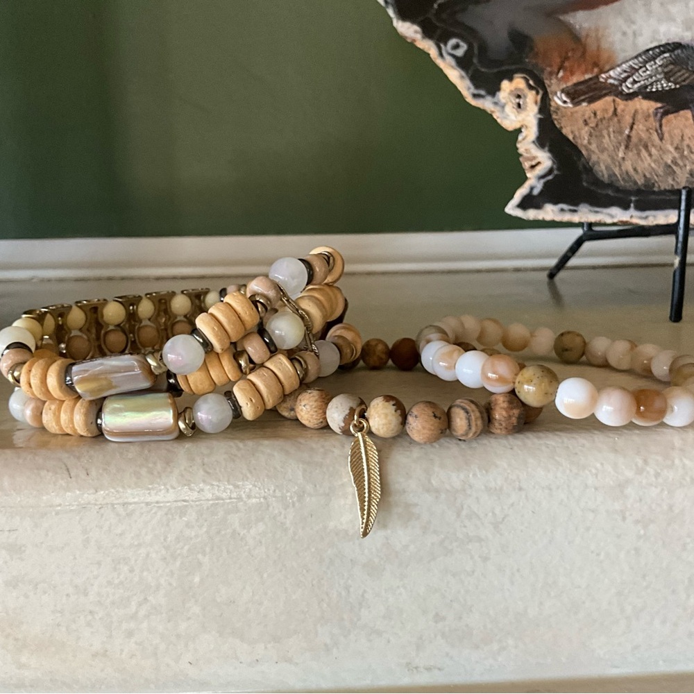 Triple Row and Two Single Row Stretch Bracelets Neutral Earth Tone Colors